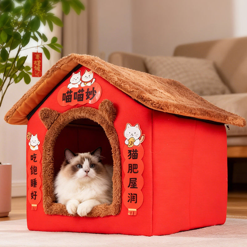 Contemporary Creative Rectangular House Cat Ear Arctic Fleece Anti-Slip Dotted Fabric Cat Bed For Bedroom