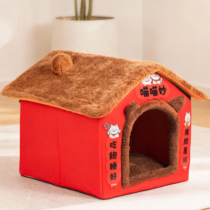 Contemporary Creative Rectangular House Cat Ear Arctic Fleece Anti-Slip Dotted Fabric Cat Bed For Bedroom