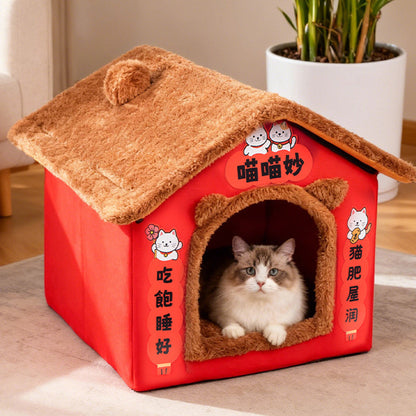 Contemporary Creative Rectangular House Cat Ear Arctic Fleece Anti-Slip Dotted Fabric Cat Bed For Bedroom