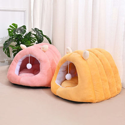 Modern Minimalist Cylindrical Caterpillar Design Velvet Anti-Slip Dotted Fabric Cat Bed Dog Bed With Toy Ball For Bedroom