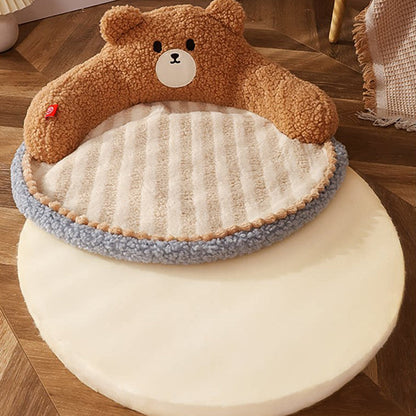 Contemporary Creative Round Bear Design Teddy Fleece Anti-Slip Dotted Oxford Fabric Hugging Cat Bed For Bedroom