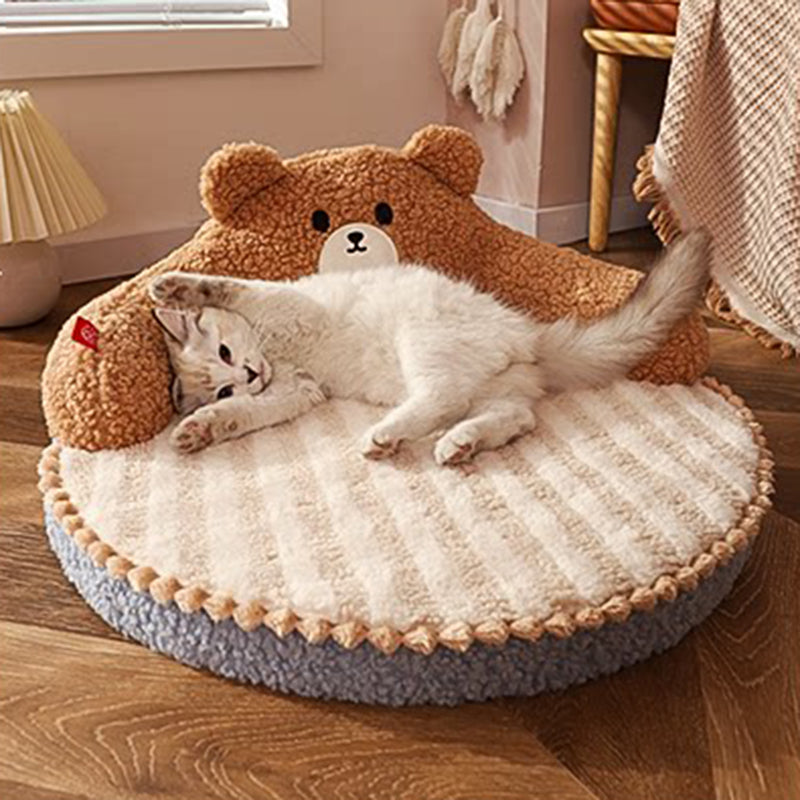 Contemporary Creative Round Bear Design Teddy Fleece Anti-Slip Dotted Oxford Fabric Hugging Cat Bed For Bedroom