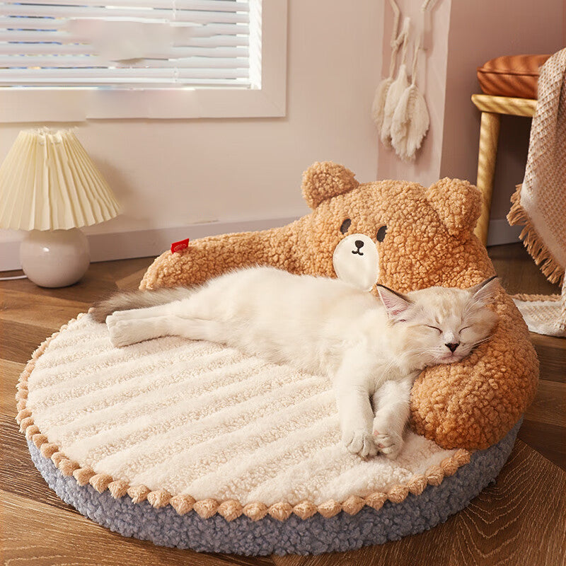Contemporary Creative Round Bear Design Teddy Fleece Anti-Slip Dotted Oxford Fabric Hugging Cat Bed For Bedroom