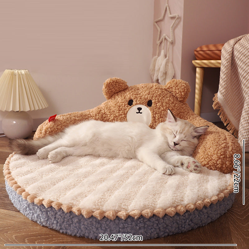 Contemporary Creative Round Bear Design Teddy Fleece Anti-Slip Dotted Oxford Fabric Hugging Cat Bed For Bedroom