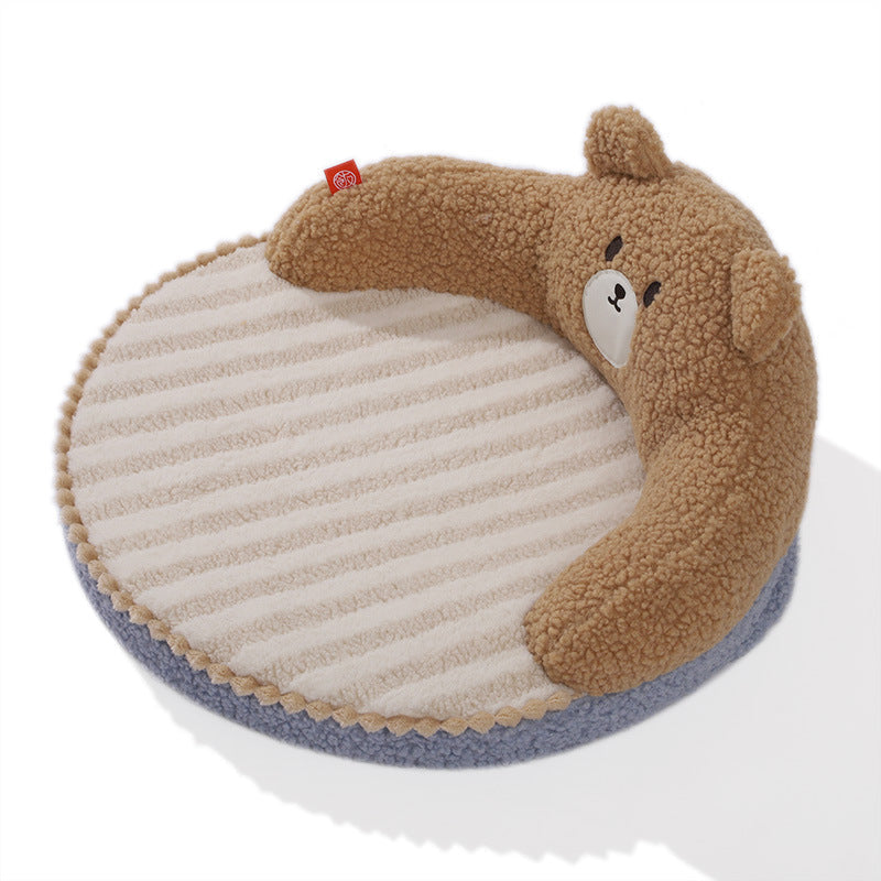 Contemporary Creative Round Bear Design Teddy Fleece Anti-Slip Dotted Oxford Fabric Hugging Cat Bed For Bedroom