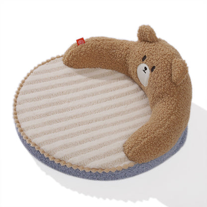 Contemporary Creative Round Bear Design Teddy Fleece Anti-Slip Dotted Oxford Fabric Hugging Cat Bed For Bedroom