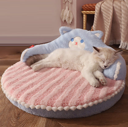 Contemporary Creative Round Bear Design Teddy Fleece Anti-Slip Dotted Oxford Fabric Hugging Cat Bed For Bedroom