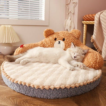 Contemporary Creative Round Bear Design Teddy Fleece Anti-Slip Dotted Oxford Fabric Hugging Cat Bed For Bedroom