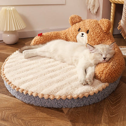 Contemporary Creative Round Bear Design Teddy Fleece Anti-Slip Dotted Oxford Fabric Hugging Cat Bed For Bedroom