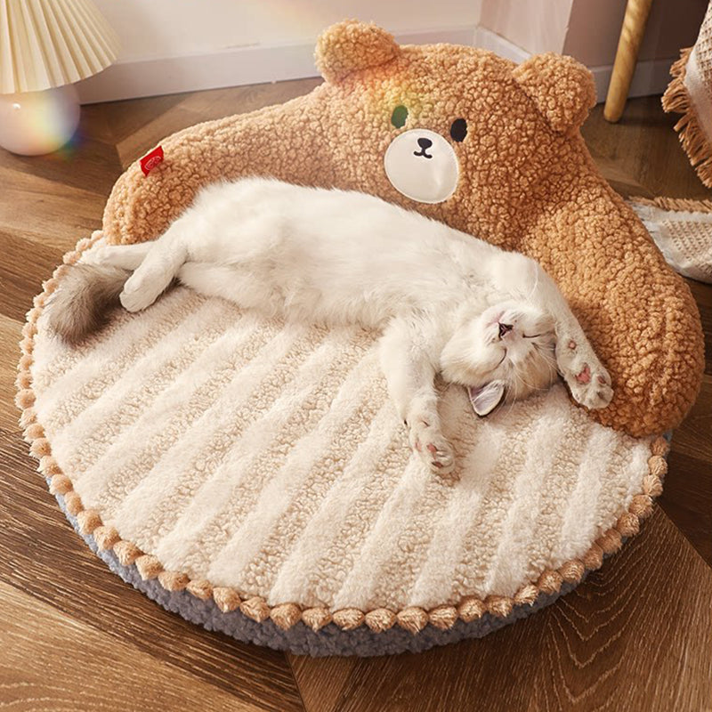 Contemporary Creative Round Bear Design Teddy Fleece Anti-Slip Dotted Oxford Fabric Hugging Cat Bed For Bedroom