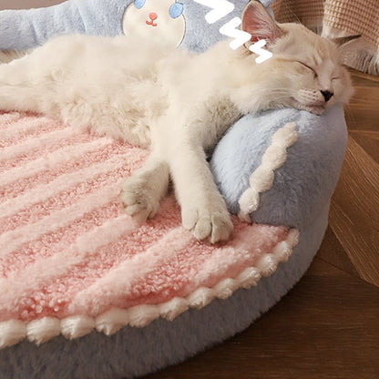 Contemporary Creative Round Bear Design Teddy Fleece Anti-Slip Dotted Oxford Fabric Hugging Cat Bed For Bedroom