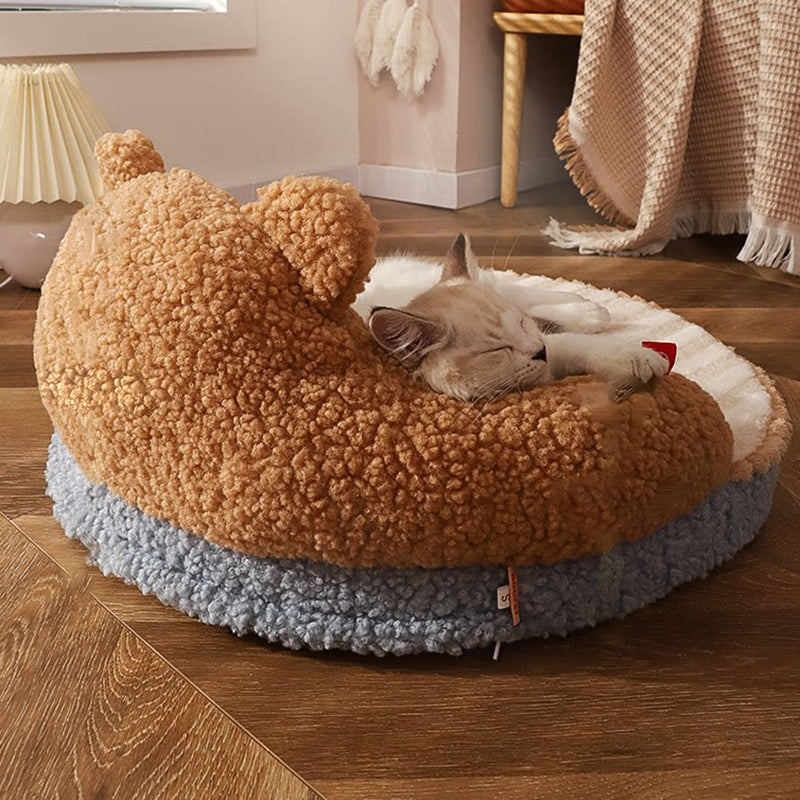 Contemporary Creative Round Bear Design Teddy Fleece Anti-Slip Dotted Oxford Fabric Hugging Cat Bed For Bedroom