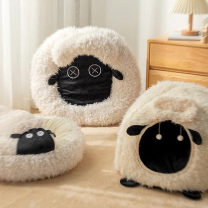 Contemporary Creative Round Lamb Design Plush Anti-Slip Dotted Fabric Cat Bed With Toy Ball For Bedroom