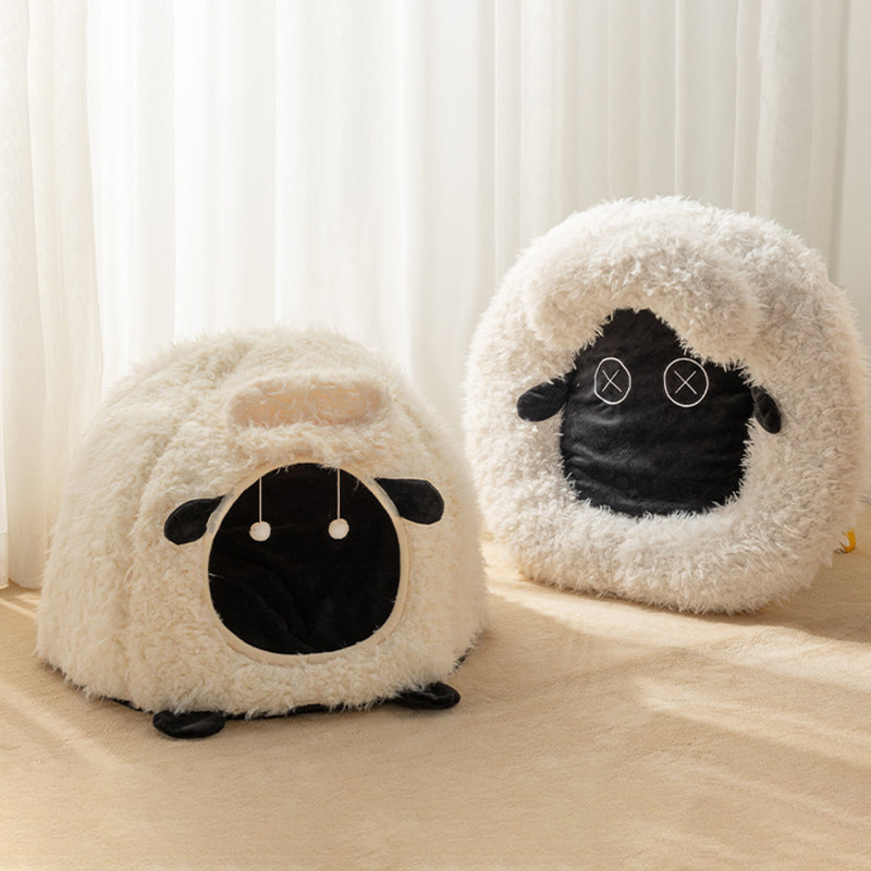 Contemporary Creative Round Lamb Design Plush Anti-Slip Dotted Fabric Cat Bed With Toy Ball For Bedroom