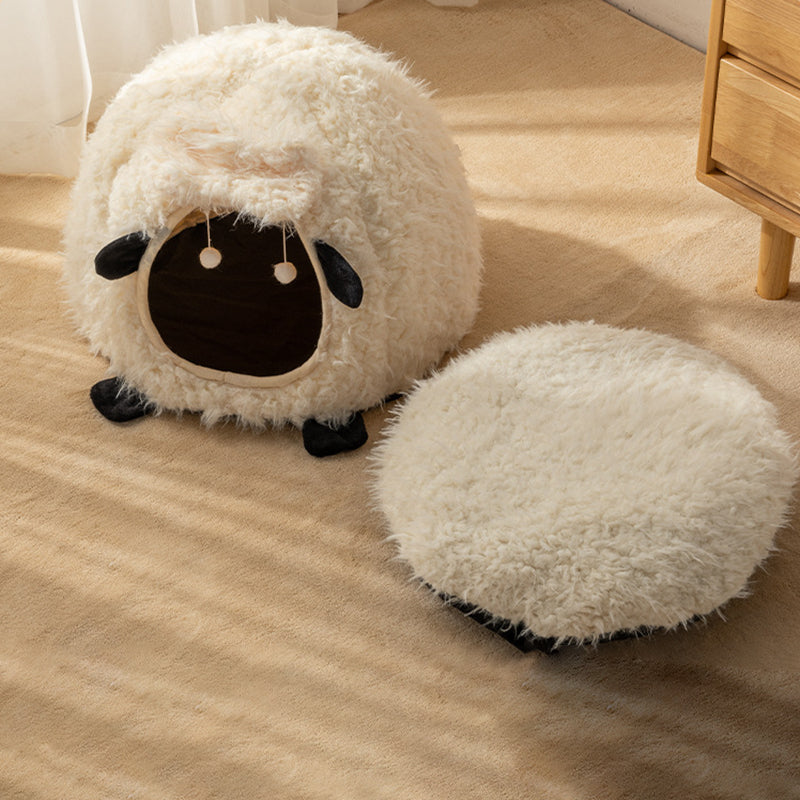 Contemporary Creative Round Lamb Design Plush Anti-Slip Dotted Fabric Cat Bed With Toy Ball For Bedroom
