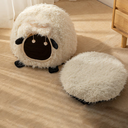 Contemporary Creative Round Lamb Design Plush Anti-Slip Dotted Fabric Cat Bed With Toy Ball For Bedroom