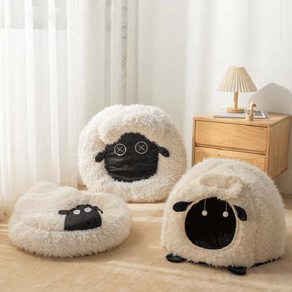 Contemporary Creative Round Lamb Design Plush Anti-Slip Dotted Fabric Cat Bed With Toy Ball For Bedroom