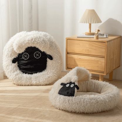 Contemporary Creative Round Lamb Design Plush Anti-Slip Dotted Fabric Cat Bed With Toy Ball For Bedroom