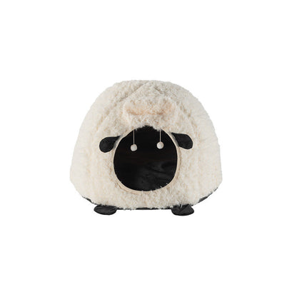 Contemporary Creative Round Lamb Design Plush Anti-Slip Dotted Fabric Cat Bed With Toy Ball For Bedroom