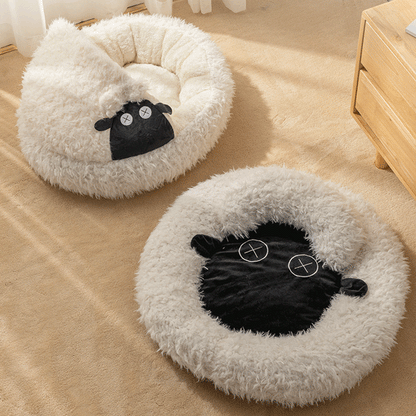 Contemporary Creative Round Lamb Design Plush Anti-Slip Dotted Fabric Cat Bed With Toy Ball For Bedroom