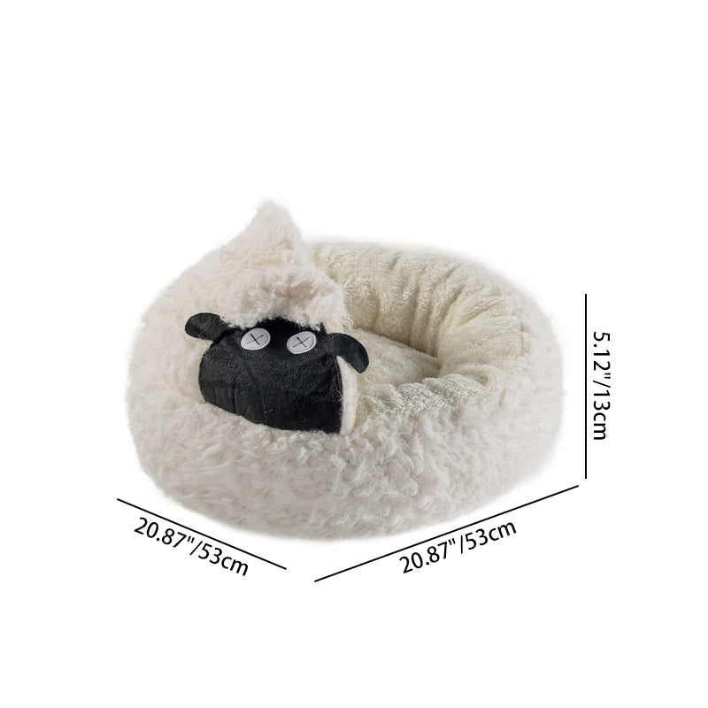 Contemporary Creative Round Lamb Design Plush Anti-Slip Dotted Fabric Cat Bed With Toy Ball For Bedroom