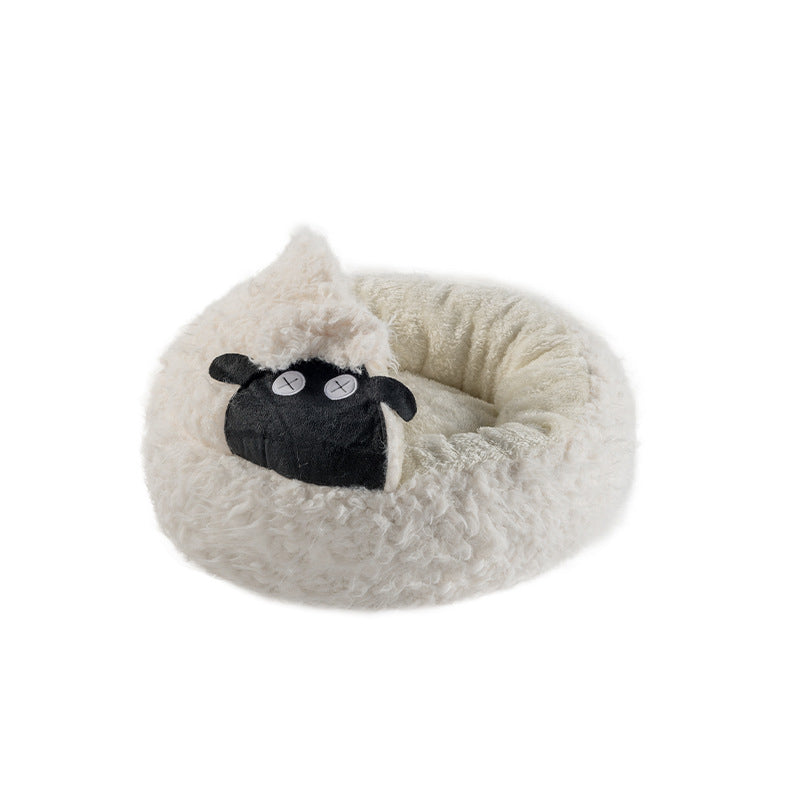 Contemporary Creative Round Lamb Design Plush Anti-Slip Dotted Fabric Cat Bed With Toy Ball For Bedroom