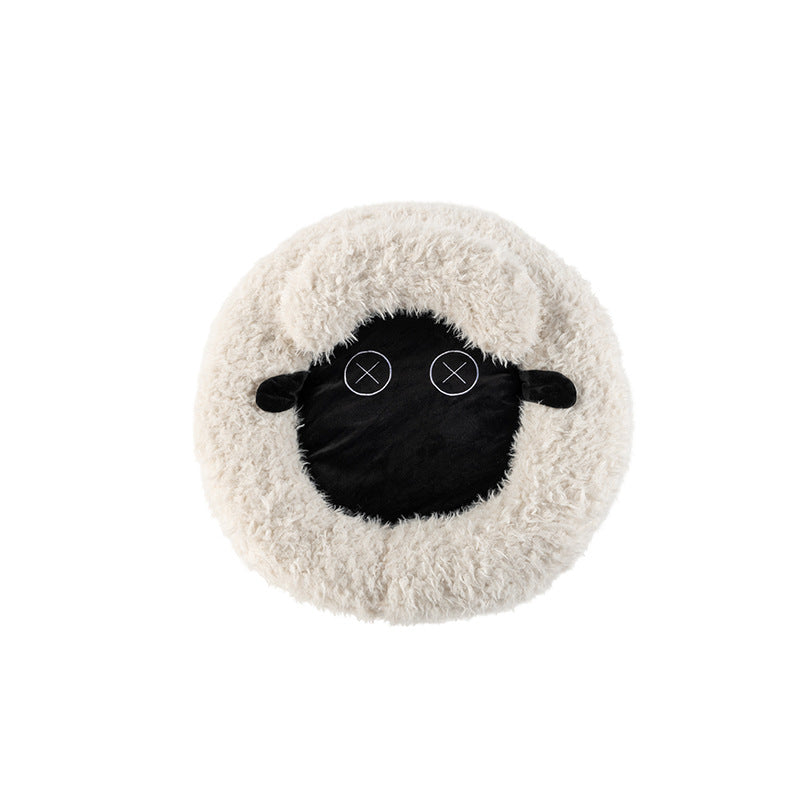 Contemporary Creative Round Lamb Design Plush Anti-Slip Dotted Fabric Cat Bed With Toy Ball For Bedroom