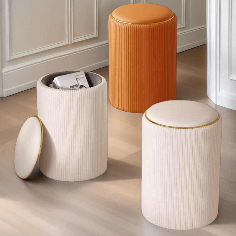 Modern Minimalist Cylindrical Solid Wood PU Leather Storage Vanity Stool Backless Armless For Bedroom