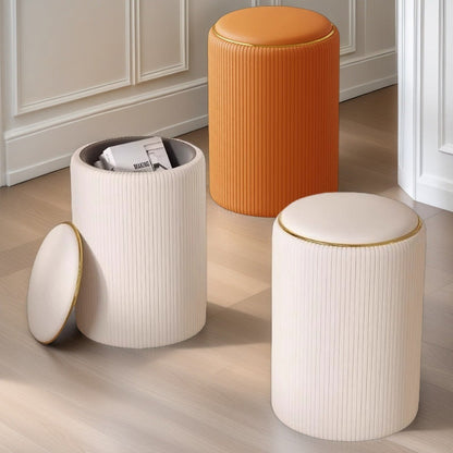 Modern Minimalist Cylindrical Solid Wood PU Leather Storage Vanity Stool Backless Armless For Bedroom