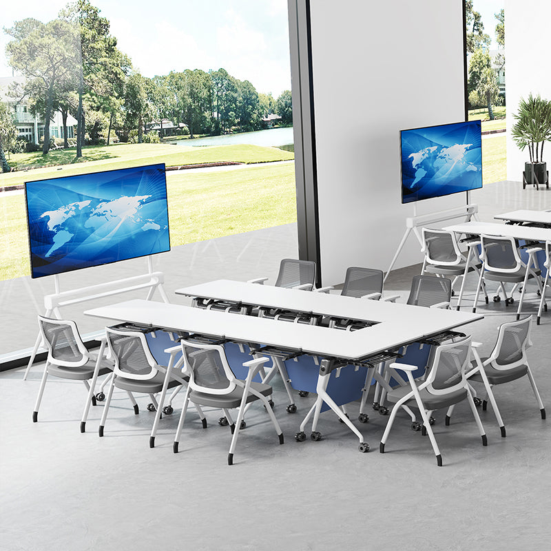 Modern Folding Ergonomic Mesh Desk Chair - Rectangular Stackable Training Chair With Cushioned Seat & Adjustable Armrests Chair For Home Office