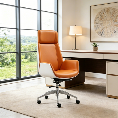 Modern Executive Premium Brazilian Cowhide Leather Contact Surface Office Chair - Rectangular High Back Height-Adjustable Swivel Desk Chair For Home Office