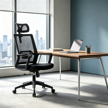 Modern High Back Breathable Mesh Office Chair - Rectangular Adjustable Headrest PU Casters Desk Chair For Home Office