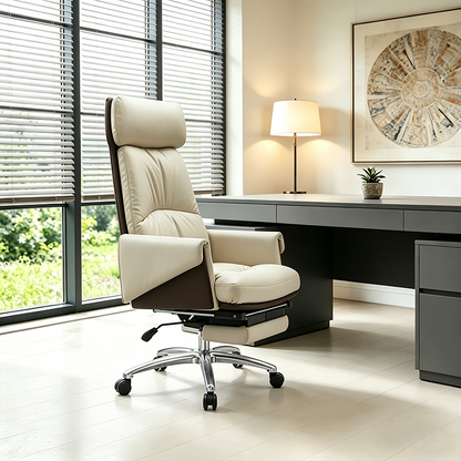 Modern Ergonomic Premium Brazilian Cowhide Leather Contact Surface Office Chair - Rectangular High Back Reclining Backrest & Cushioned Head Support Desk Chair For Home Office