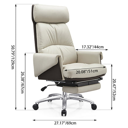 Modern Ergonomic Premium Brazilian Cowhide Leather Contact Surface Office Chair - Rectangular High Back Reclining Backrest & Cushioned Head Support Desk Chair For Home Office