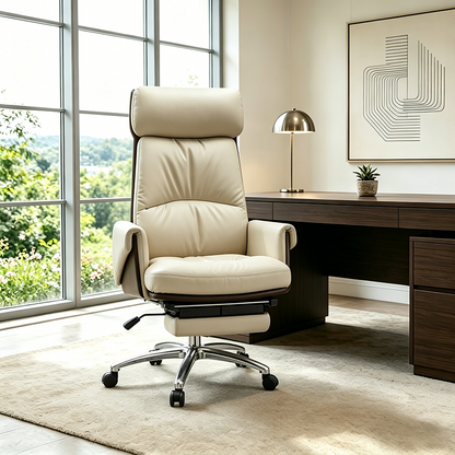 Modern Ergonomic Premium Brazilian Cowhide Leather Contact Surface Office Chair - Rectangular High Back Reclining Backrest & Cushioned Head Support Desk Chair For Home Office