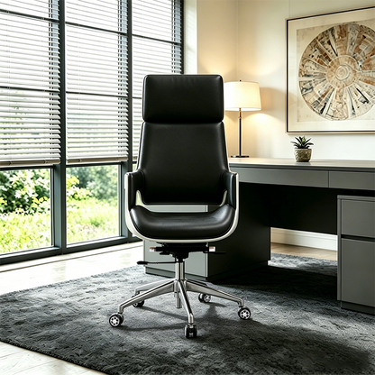 Modern Premium Brazilian Cowhide Leather Contact Surface Executive Desk Chair - Rectangular High Back Padded Cushion Office Chair For Home Office