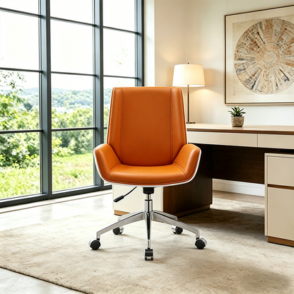 Modern Premium Brazilian Cowhide Leather Contact Surface Executive Mid Back Desk Chair - Rectangular High Back High Density Foam Cushion Aluminum Base Office Chair For Home Office