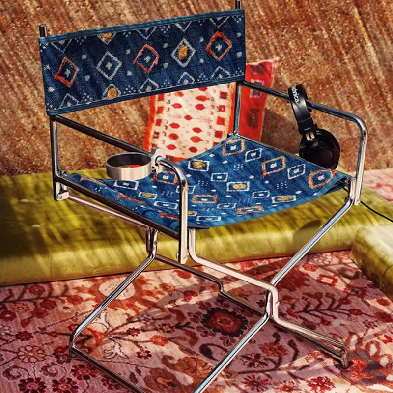 Bohemian Woven Folding Director’s Chair - Handmade Tribal Blanket Fabric & Chrome Frame Accent Chair For Outdoor Patio