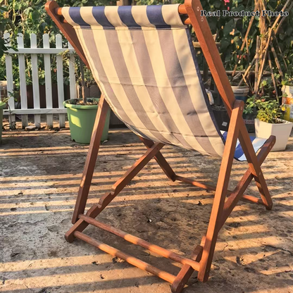 Modern Minimalist Merbau Wood Oxford Fabric Cotton-linen Blend Rectangular Folding Lounge Chair Recliner With 3-Position Adjustable Backrest For Outdoor Garden