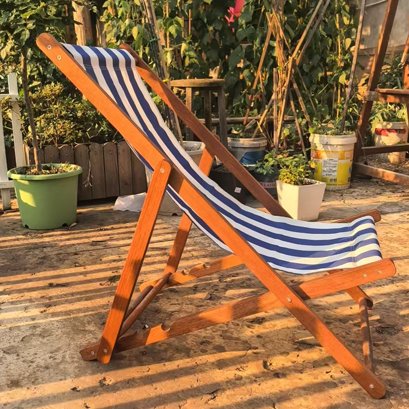 Modern Minimalist Merbau Wood Oxford Fabric Cotton-linen Blend Rectangular Folding Lounge Chair Recliner With 3-Position Adjustable Backrest For Outdoor Garden