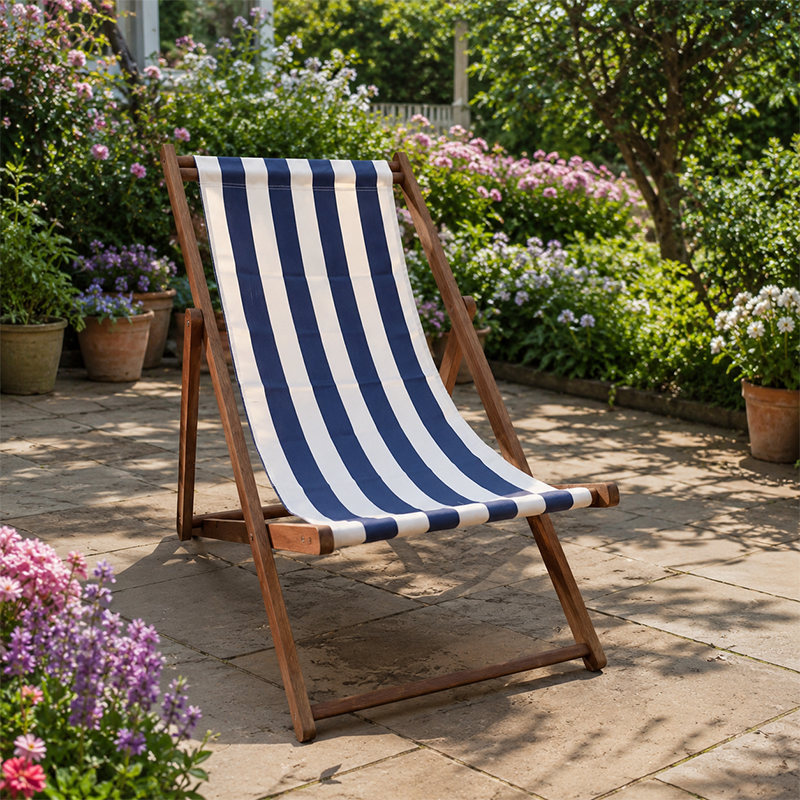 Modern Minimalist Merbau Wood Oxford Fabric Cotton-linen Blend Rectangular Folding Lounge Chair Recliner With 3-Position Adjustable Backrest For Outdoor Garden
