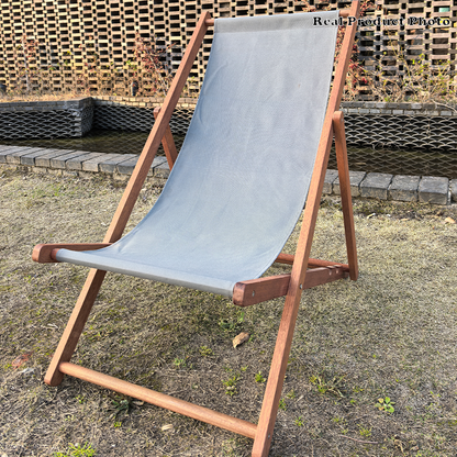 Modern Minimalist Merbau Wood Oxford Fabric Cotton-linen Blend Rectangular Folding Lounge Chair Recliner With 3-Position Adjustable Backrest For Outdoor Garden