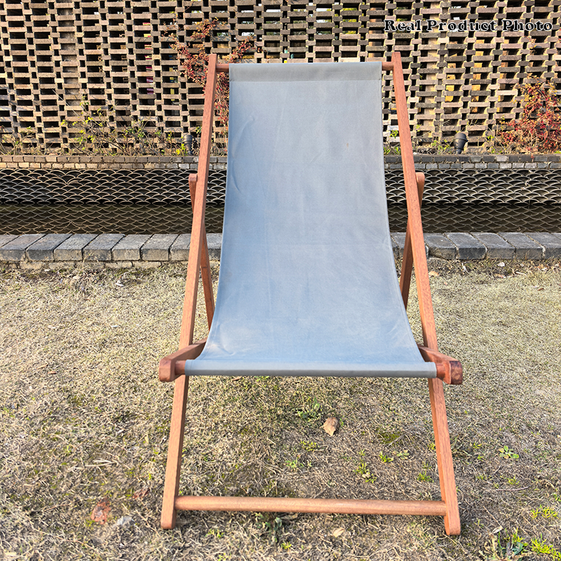 Modern Minimalist Merbau Wood Oxford Fabric Cotton-linen Blend Rectangular Folding Lounge Chair Recliner With 3-Position Adjustable Backrest For Outdoor Garden