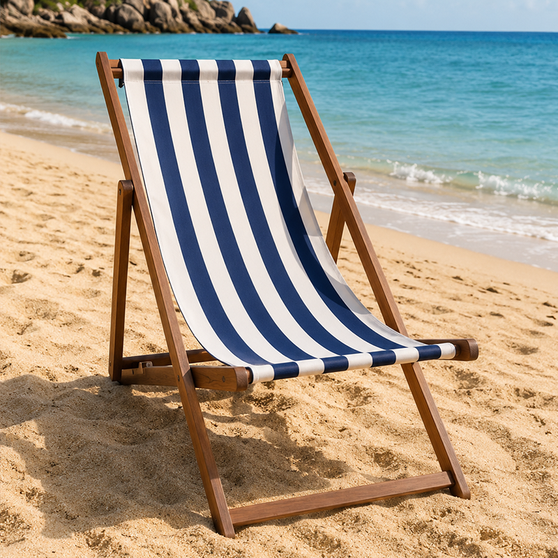 Modern Minimalist Merbau Wood Oxford Fabric Cotton-linen Blend Rectangular Folding Lounge Chair Recliner With 3-Position Adjustable Backrest For Outdoor Garden