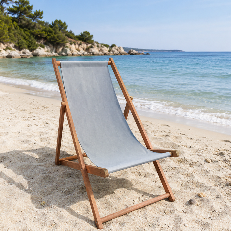Modern Minimalist Merbau Wood Oxford Fabric Cotton-linen Blend Rectangular Folding Lounge Chair Recliner With 3-Position Adjustable Backrest For Outdoor Garden
