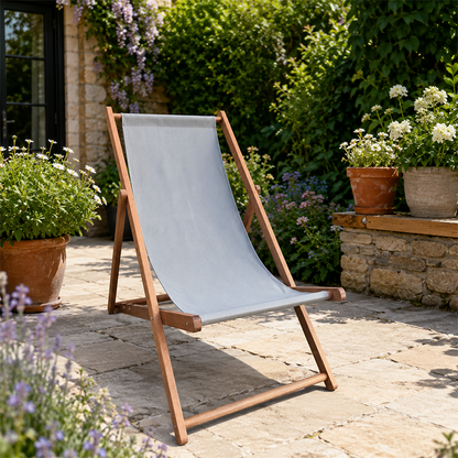 Modern Minimalist Merbau Wood Oxford Fabric Cotton-linen Blend Rectangular Folding Lounge Chair Recliner With 3-Position Adjustable Backrest For Outdoor Garden