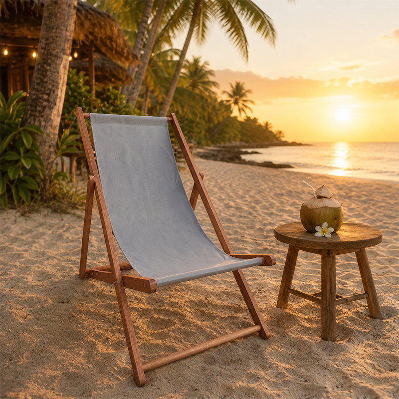 Modern Minimalist Merbau Wood Oxford Fabric Cotton-linen Blend Rectangular Folding Lounge Chair Recliner With 3-Position Adjustable Backrest For Outdoor Garden