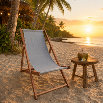 Modern Minimalist Merbau Wood Oxford Fabric Cotton-linen Blend Rectangular Folding Lounge Chair Recliner With 3-Position Adjustable Backrest For Outdoor Garden