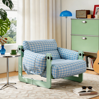 Dopamine Frame Blue Gingham Lounge Chair - Plush Ash Wood Accent Chair For Living Room