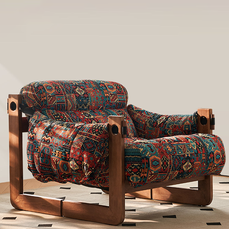 Vintage Ash Wood Jacquard Lounge Chair - Plush Down & Fiber-Filled Accent Armchair For Living Room